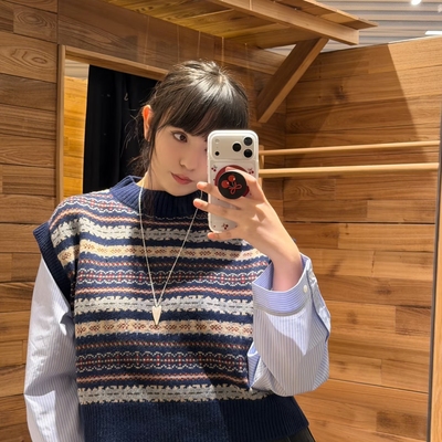 一念家尔岛提花拼接衬衫袖圆领保暖毛衣（含50羊毛）DM260010504