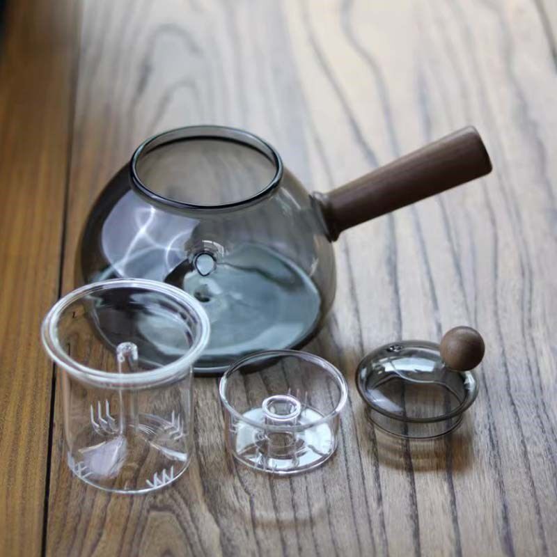 日式憨厚短嘴泡茶壶实木侧把蒸煮两用壶电陶炉煮茶壶耐热玻璃壶