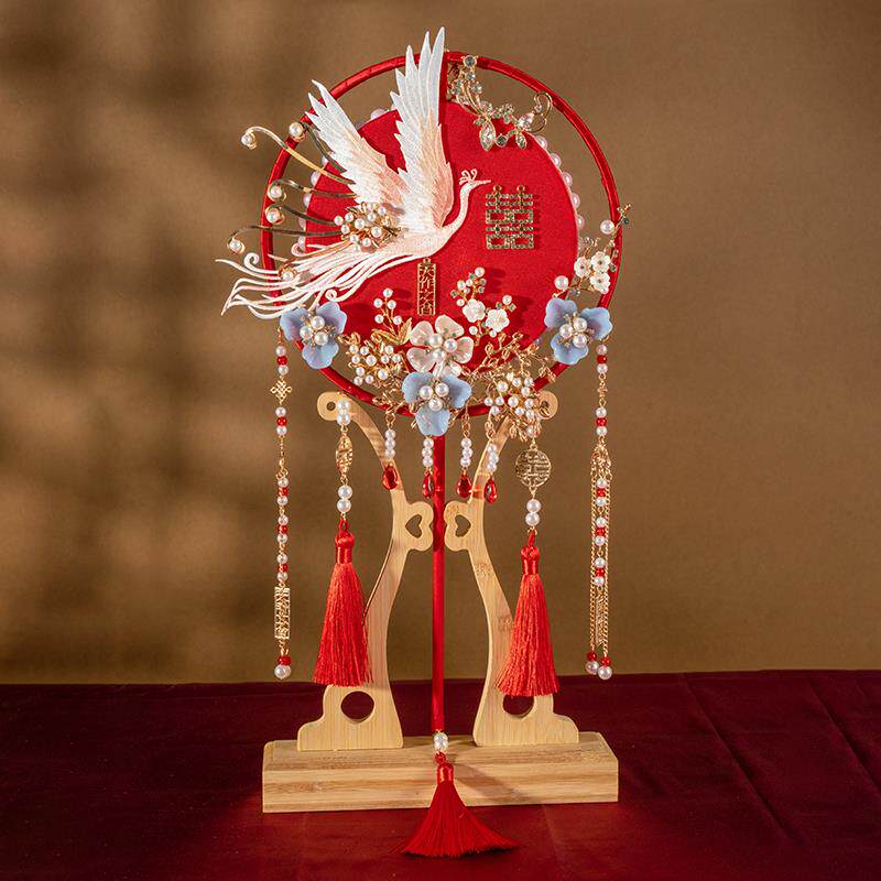 团扇新娘结婚长柄双圈出嫁秀禾团扇结婚中式红色手工成品diy材料