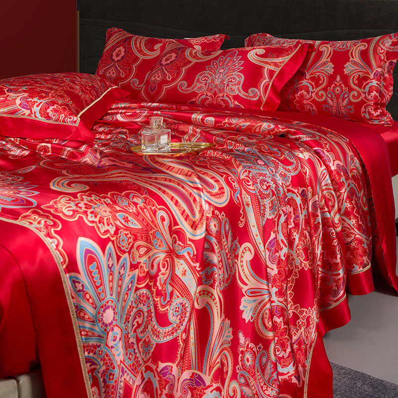 中式婚庆真丝四件套丝滑裸睡被套结婚大红色奢华龙凤床上用品水洗