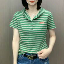 纯棉条纹连帽短袖t恤女士2024夏季新款洋气减龄显瘦短款上衣体恤