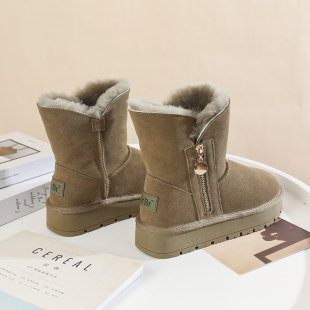 纯羊毛雪地靴女2025冬新侧拉链厚底中筒皮毛一体加绒加厚保暖棉鞋