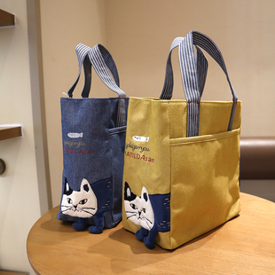 出口日本kusugusu刺绣爬猫大容量带隔层手提包饭学生补习袋便当包