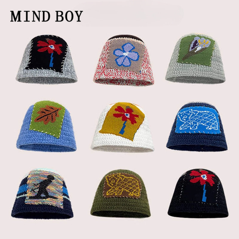 MIND BOY韩国花朵贴布针织渔夫帽子秋冬宋旻浩同款防寒保暖盆帽女