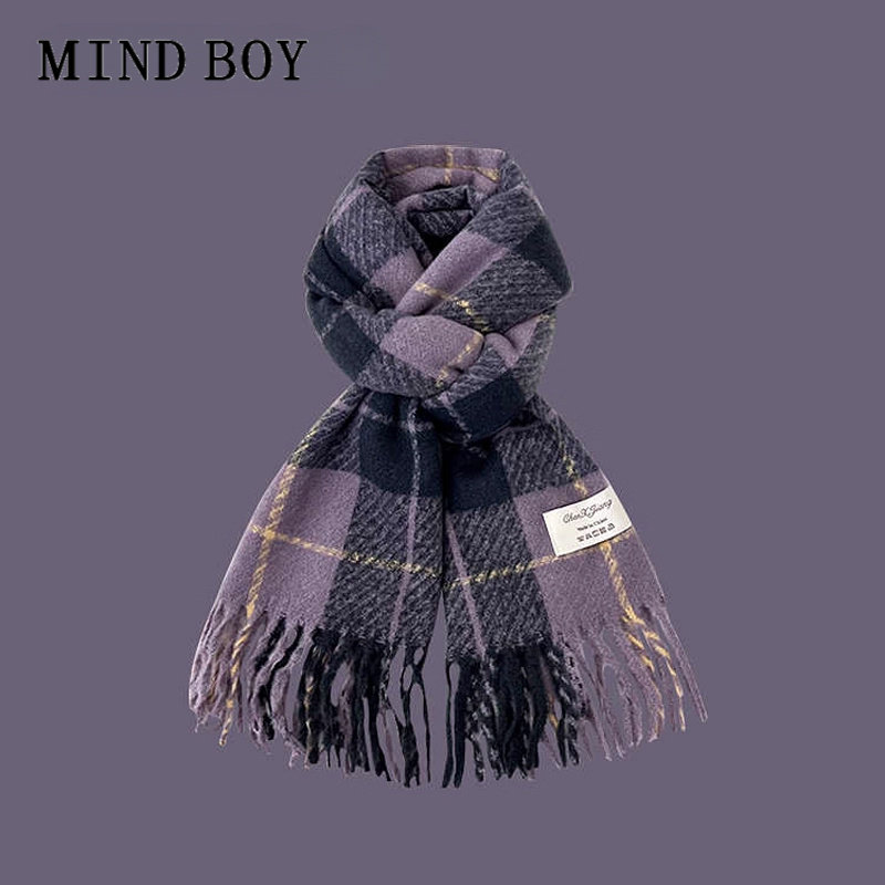MIND BOY韩版紫色格子仿羊绒围巾女2026年新款秋冬季保暖情侣围脖