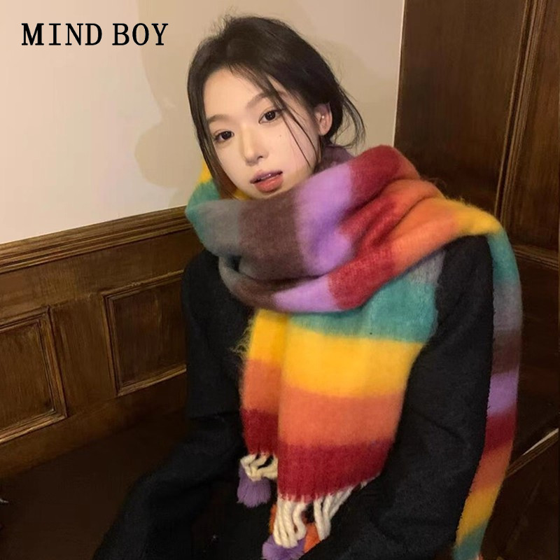 MIND BOY彩虹条纹毛球马海毛围巾女冬季保暖加厚披肩百搭流苏围脖