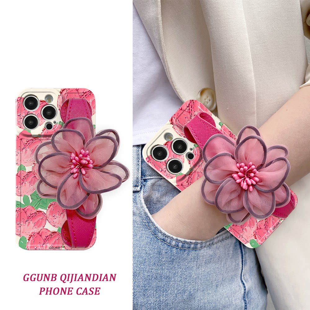 夏日粉色油画郁金香纱花腕带适用vivox100手机壳x90/x80/70/60/50女s