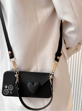 简约黑色立体爱心卡包适用小米13pro手机壳红米k60/k50/k40/30潮12/11/10s红米note11pro防摔软note10/9/8女