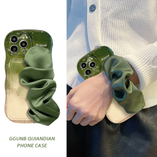 7P防摔8 绿晕染水墨画丝绸腕带适用iphone14promax苹果15手机壳13 xr简约8plus个性 11硅胶xs SE2女斜挎绳