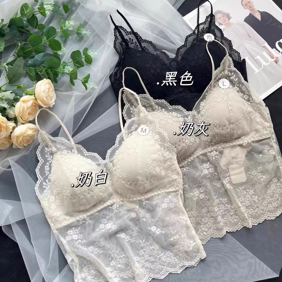 法式蕾丝美背吊带内衣女夏季薄款带胸垫一体杯内搭打底中长款内衣
