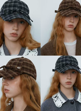 CHUNISLET纯屿 秋冬蝴蝶结气质简约格子棒球帽大头围保暖鸭舌帽