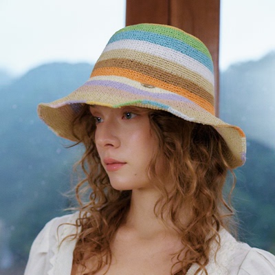 纯屿撞色条纹防晒渔夫草帽女夏