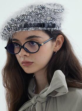 CHUNISLET纯屿 灰色流苏蝴蝶结画家帽时尚大头显瘦百搭保暖海军帽