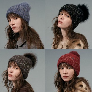 CHUNISLET纯屿 貉子毛毛球花纱帽毛线帽加绒保暖带毛球针织帽
