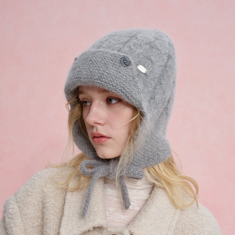 CHUNISLET纯屿秋冬羊毛针织帽护耳保暖毛线帽系带防寒帽子
