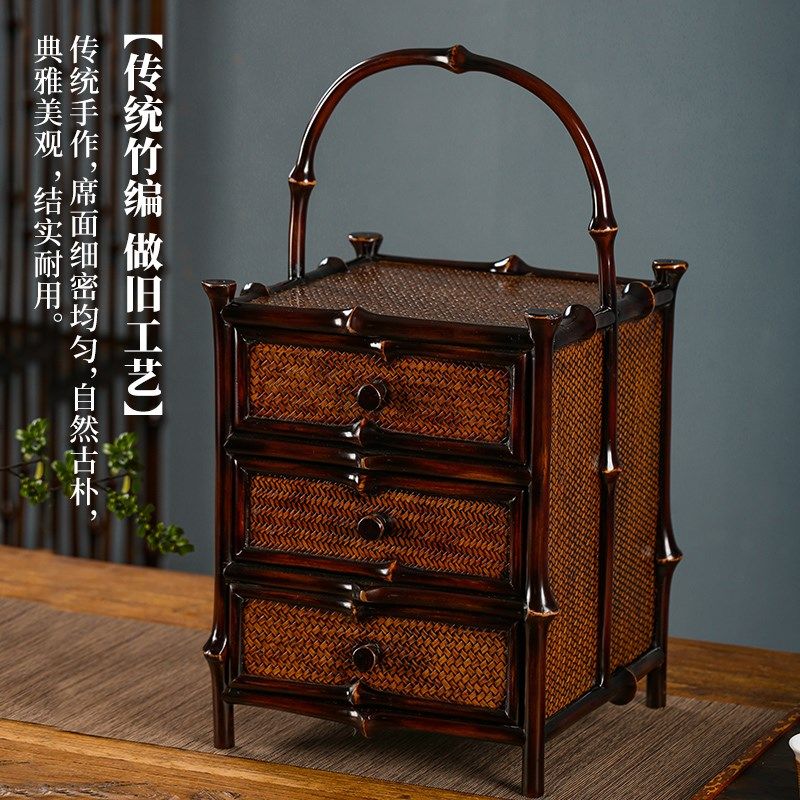 竹柒阁紫竹茶棚桌面明式茶柜茶具收纳柜带抽屉竹编提盒筇竹家具