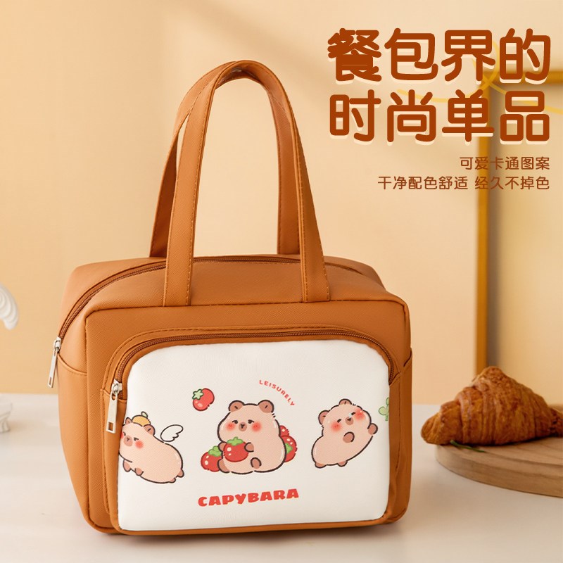 轻奢便当袋手提保温饭盒包分层上班族通勤学生带饭双层皮革饭盒袋