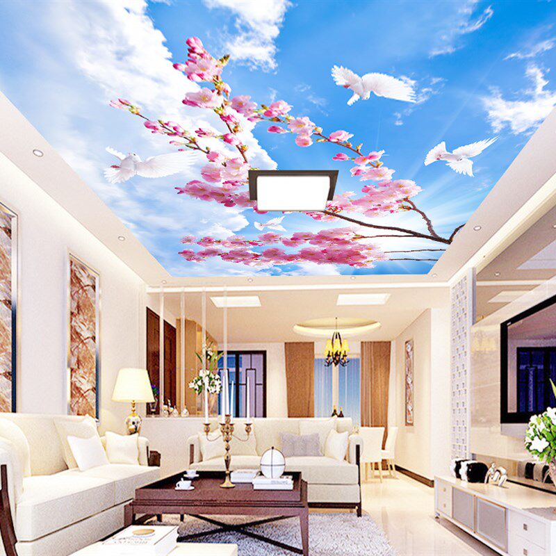 蓝天白云壁布天空悬吊式天花板壁纸天花板夜色星空壁画客厅沙发卧