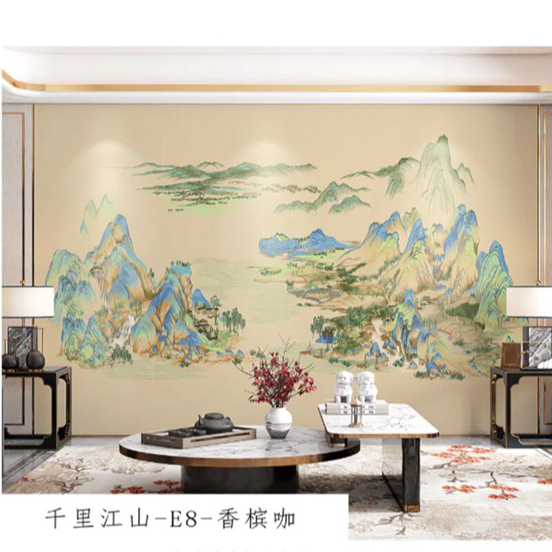 千里江山刺绣背景墙彩金线版本独绣墙布壁布宋氏美学客厅卧室沙发