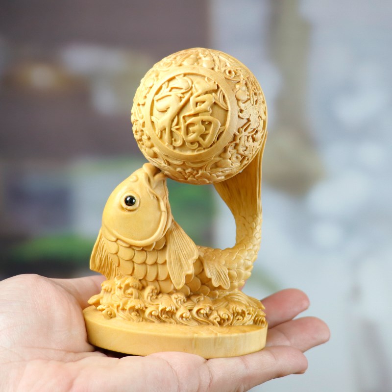 黄杨木雕木质摆件手把件中式家居装饰柜饰品连年有余鱼跃龙门福鱼