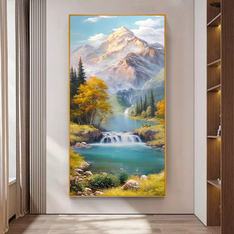 大芬村写实油画客厅挂画山水风景玄关装饰画走廊过道竖版高端定制