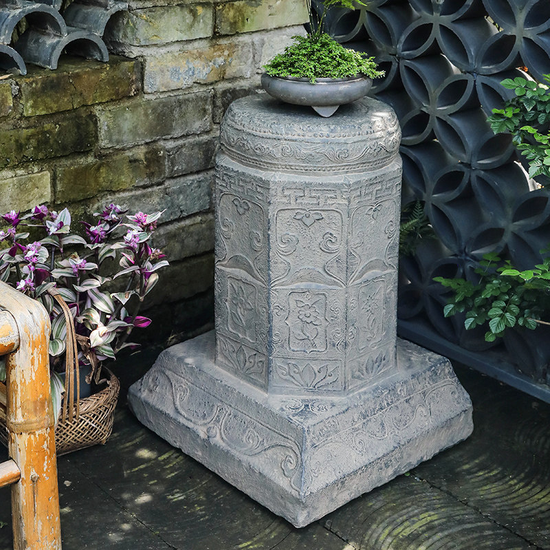 中式仿石柱础石墩庭院阳台花盆底座花园装饰造景摆件仿古做旧柱脚