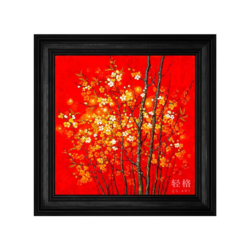 红色梵高杏花纯手绘油画客厅沙发背景墙挂画中古风花卉玄关装饰画