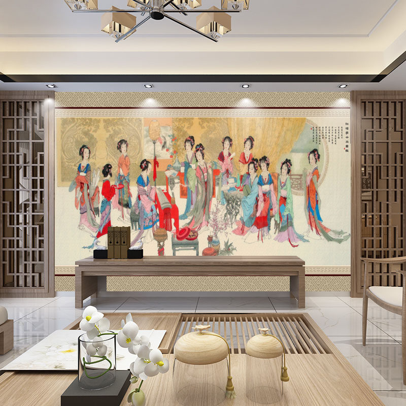 古代红楼梦美人壁画古风墙纸明清古典金陵十二钗美人餐厅饭店壁纸