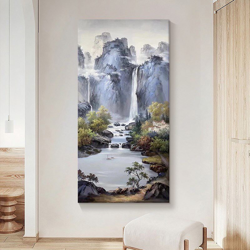 玄关大气山水风景手绘油画中式客厅高山流水生财装饰画聚宝盆挂画