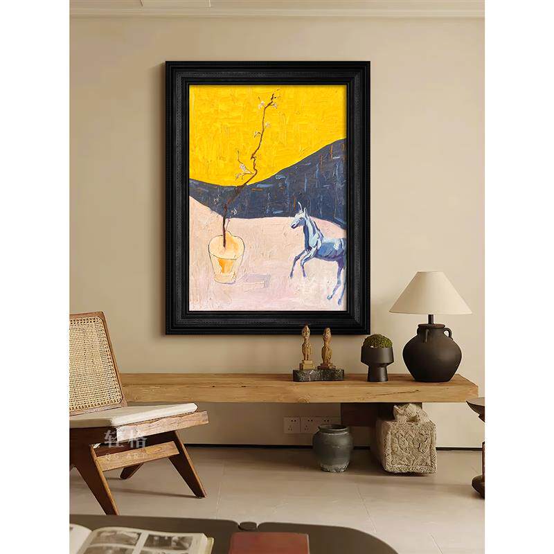 中古风骏马肌理纯手绘油画花卉静物高级感玄关挂画客厅墙壁装饰画