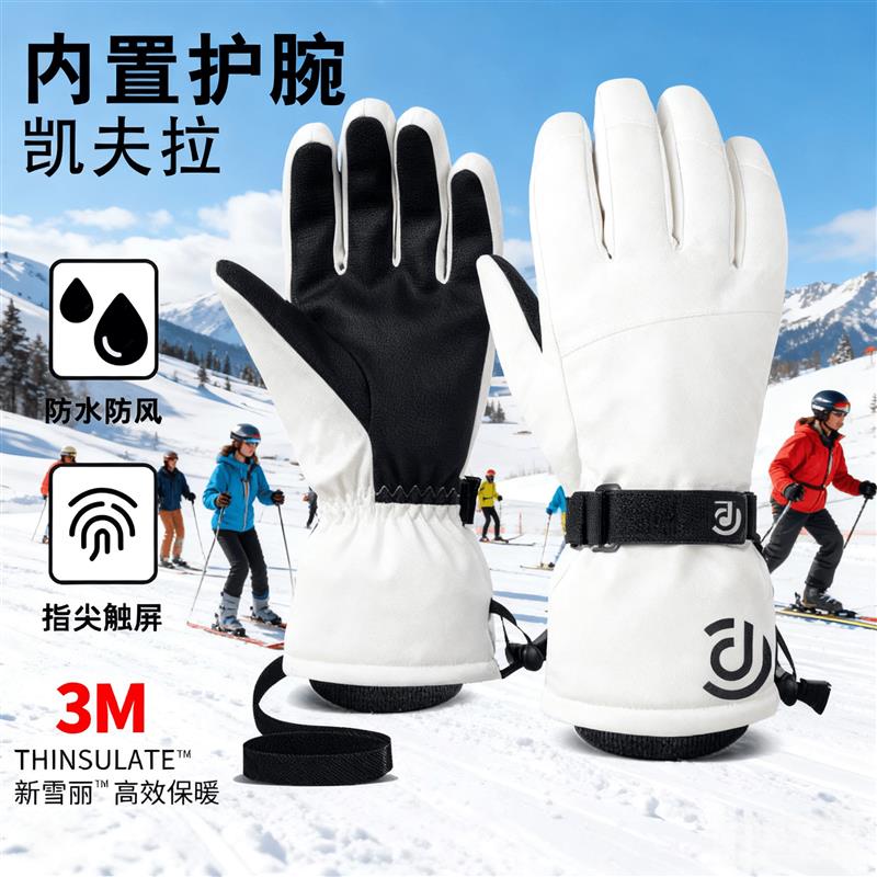 滑雪手套内置护腕女单板凯夫拉零下40度防寒手套保暖手套可触屏冬