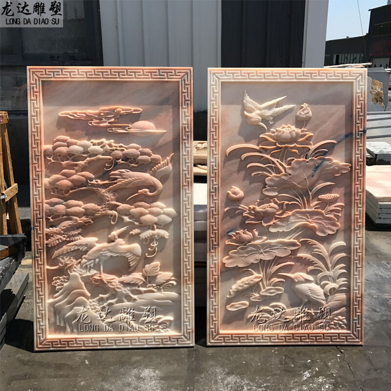 石雕浮雕松鹤延年墙壁画晚霞红雕刻荷花鸟鸳鸯图案屏风背景墙装饰图片