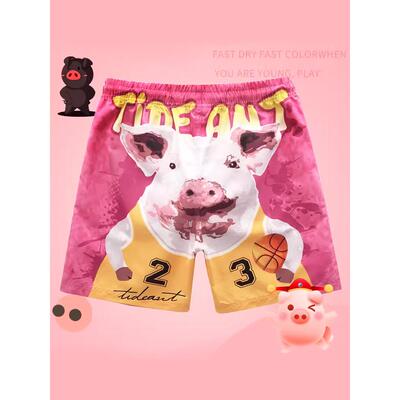 潮流骚气宽松速干沙滩裤男情侣海边度假猪印花短裤四分裤温泉泳裤