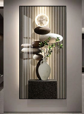 石来运转玄关装饰画高级感轻奢风入户正对门墙壁画带灯寓意好挂画