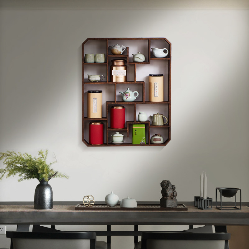 博古架实木中式挂墙茶杯架茶具架紫砂茶壶架墙上置物架展示架摆架