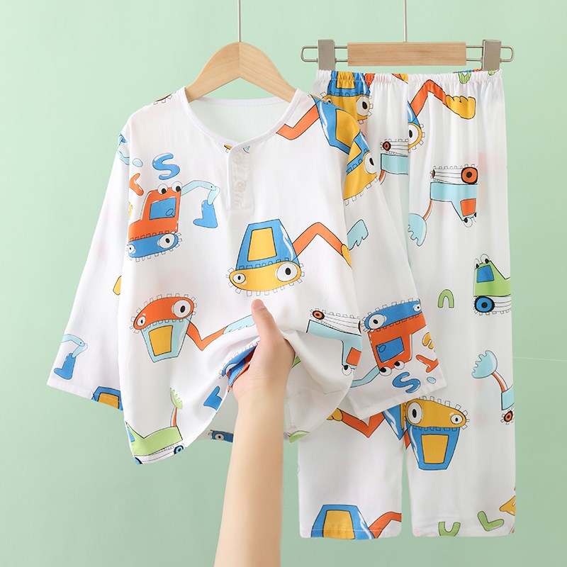 夏季儿童绵绸睡衣男童男孩薄款家居服女童女孩中大童棉绸夏天套装