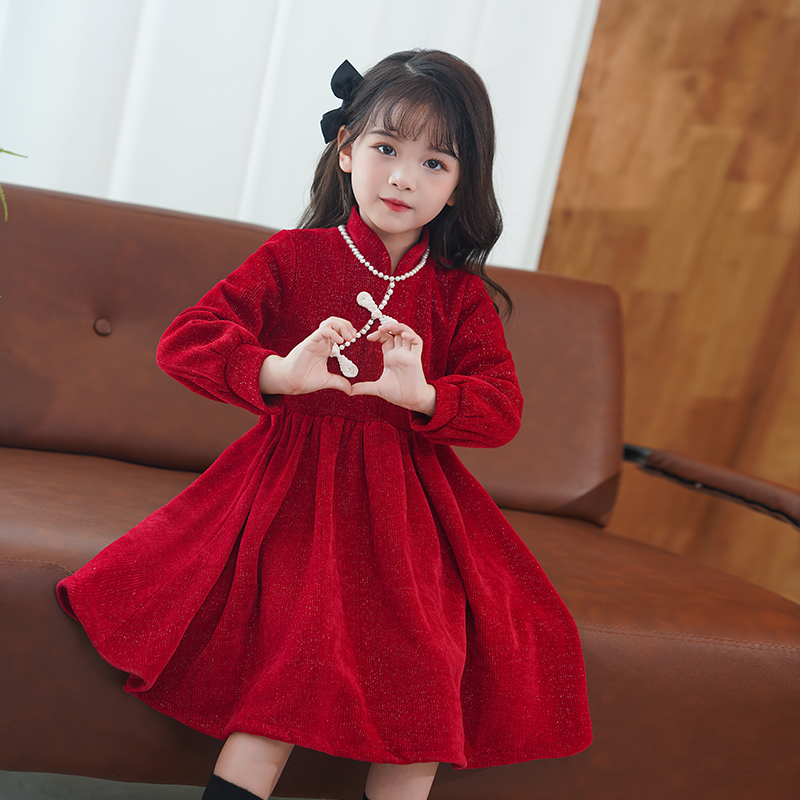 女童秋冬装连衣裙加绒2023新款红色女孩公主裙儿童装旗袍裙子冬季