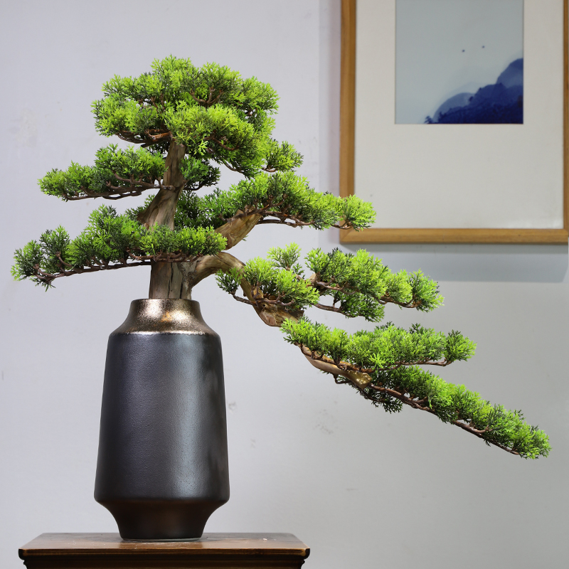 新中式陶瓷禅意花瓶插花干花 迎客松盆景绿植艺术装饰品创意客厅