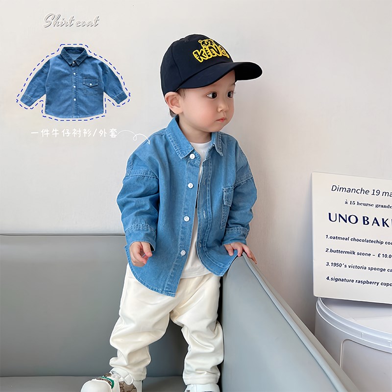 男童衬衫2024新款秋季儿童牛仔翻领Polo衫婴儿打底衫百搭休闲上衣