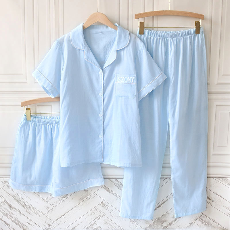 加肥大女士棉纱布三件套睡衣纯棉夏季薄款短袖短裤长裤家居服套装