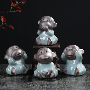 汝窑茶宠摆件精品紫砂四不猴茶宠物可养禅意茶艺茶台装饰摆件茶道