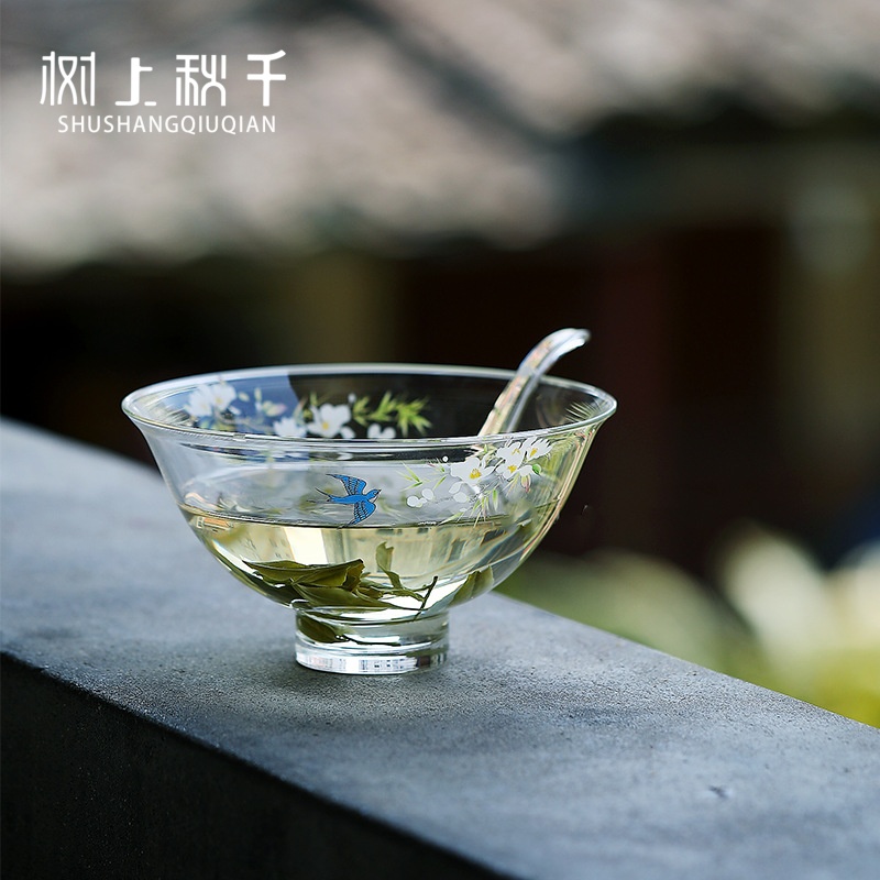 日式耐高温玻璃绿茶碗茶勺套装家用手工创意功夫茶具泡茶碗干泡碗