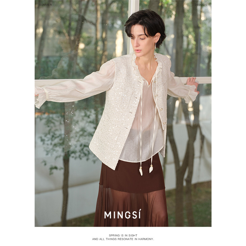 MINGSI莱赛尔透气小衫26夏季圆领荷叶边度假风宽松海盐白上衣新品 - 实物图