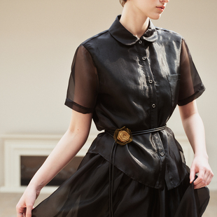 MINGSI x JEEN千金系列夏黑色定制欧根纱衬衫短袖上衣JB102120403