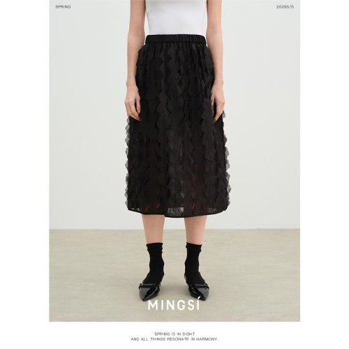 MINGSI雅黑色立体花朵蓬蓬裙