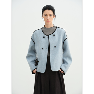 【早春上新】MINGSI26春 蓝/灰色撞色边双面呢外套短款圆领大衣