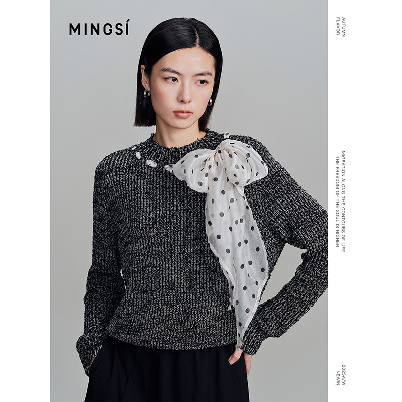 【商场同款】MINGSI秋 云岩灰花纱飘带毛衫圆领针织衫MC103151235