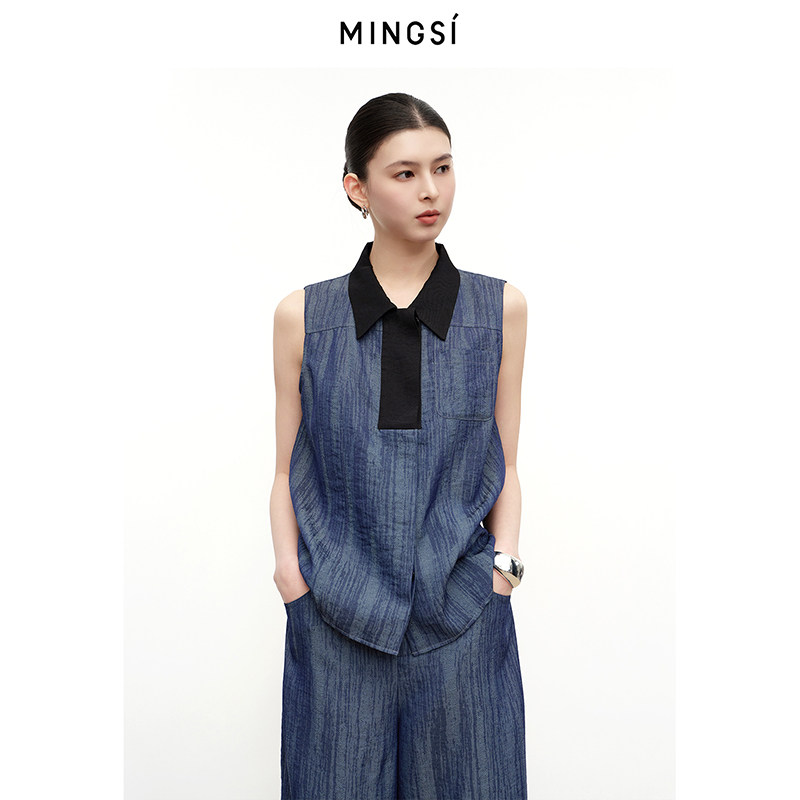 MINGSI都市摩登复古靛蓝肌理小衫