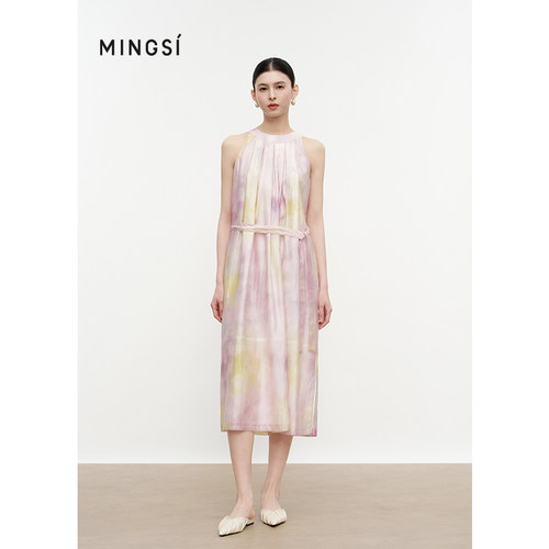 MINGSI水彩晕染朦胧花影连衣裙