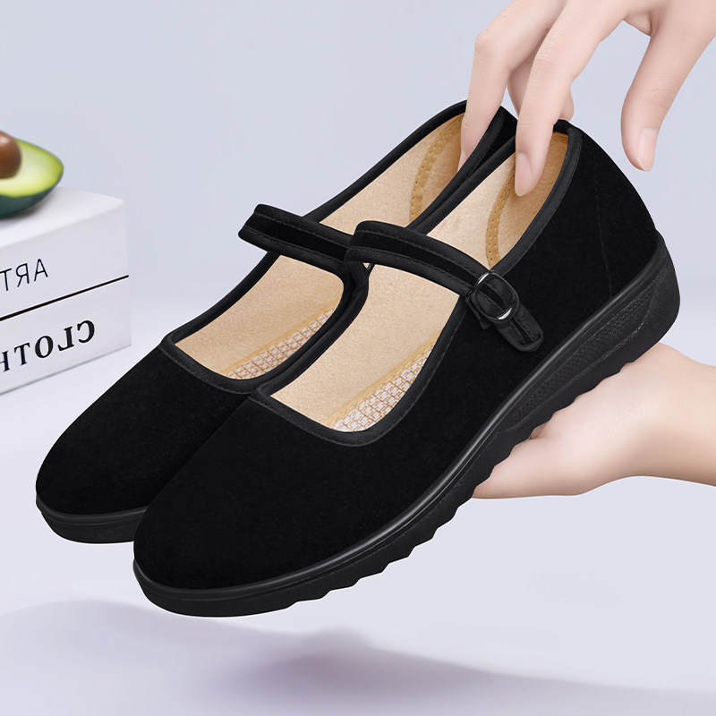 老北京布鞋女新款春秋平绒黑布鞋厚底软底轻便跳舞妈妈黑色工作鞋